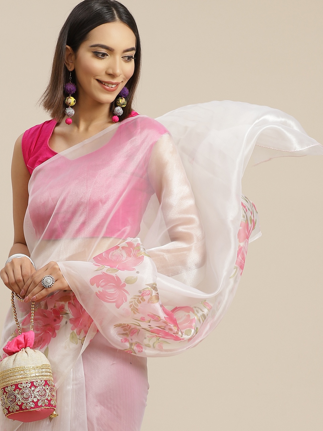 

Anouk White & Pink Floral Celebrity Organza Saree