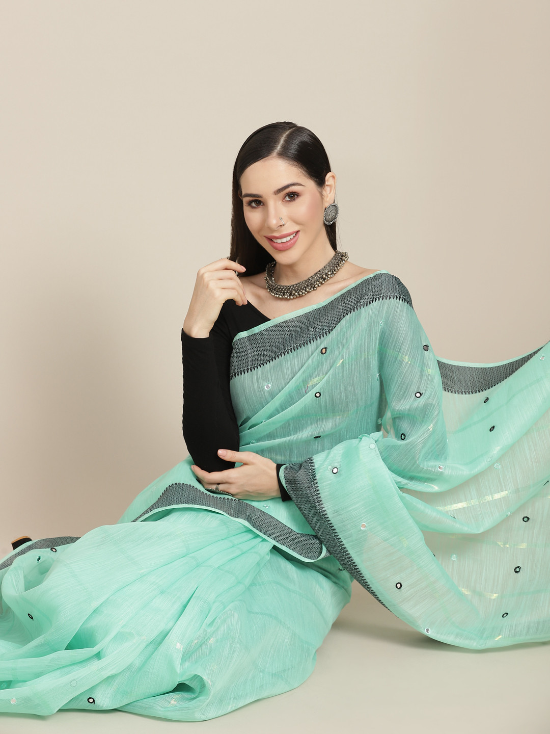 

Anouk Green & Black Mirror Work Chanderi Saree