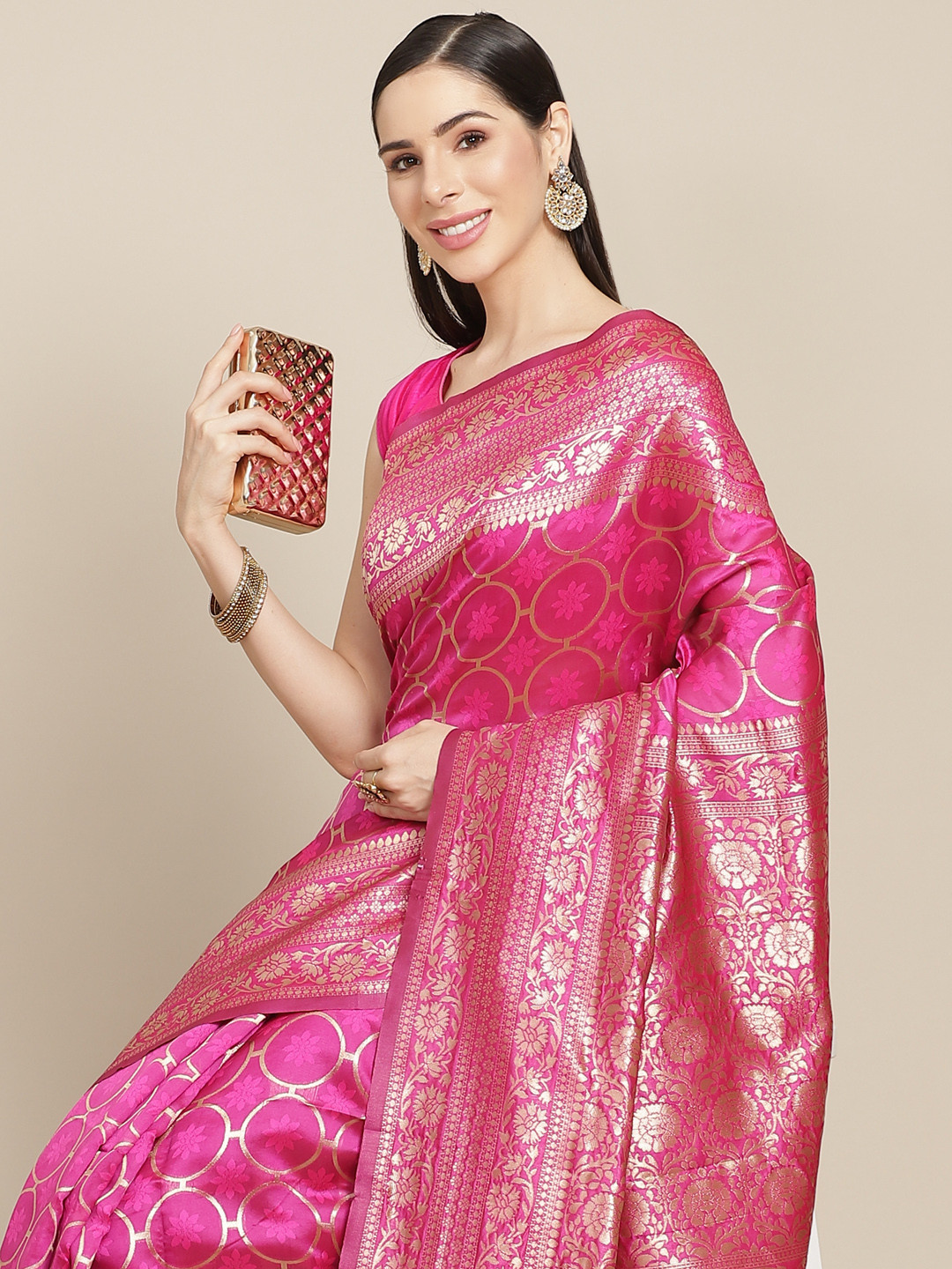 

Anouk Pink & Golden Ethnic Motifs Art Silk Banarasi Saree