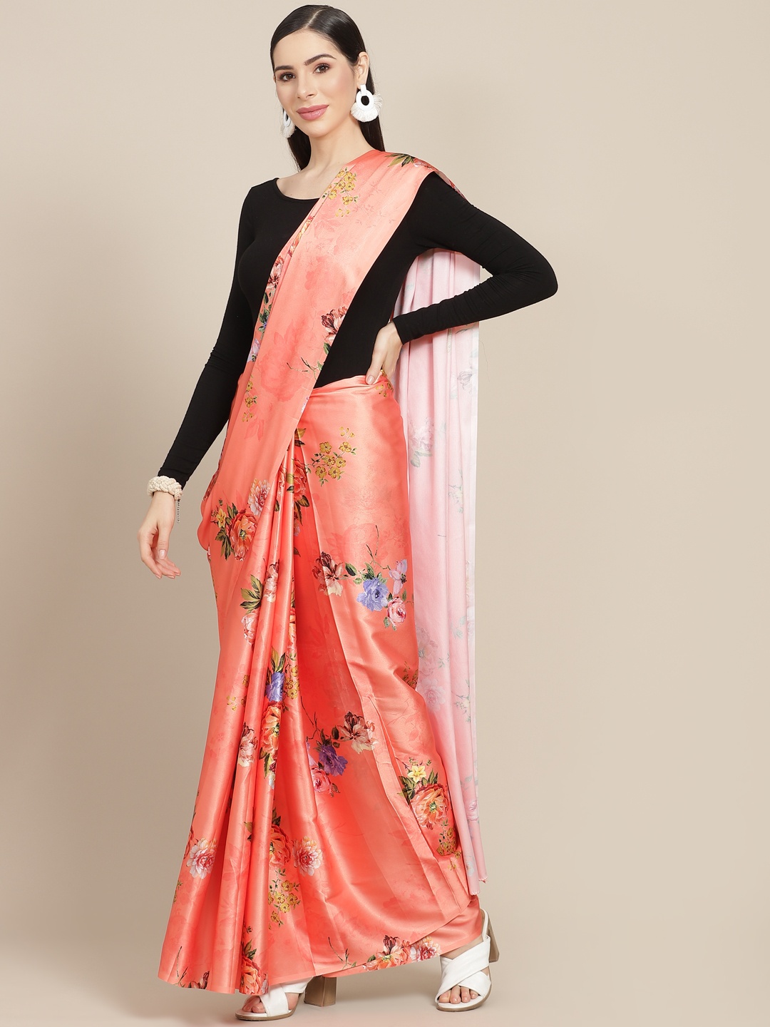 

Anouk Peach-Coloured & Green Floral Satin Saree