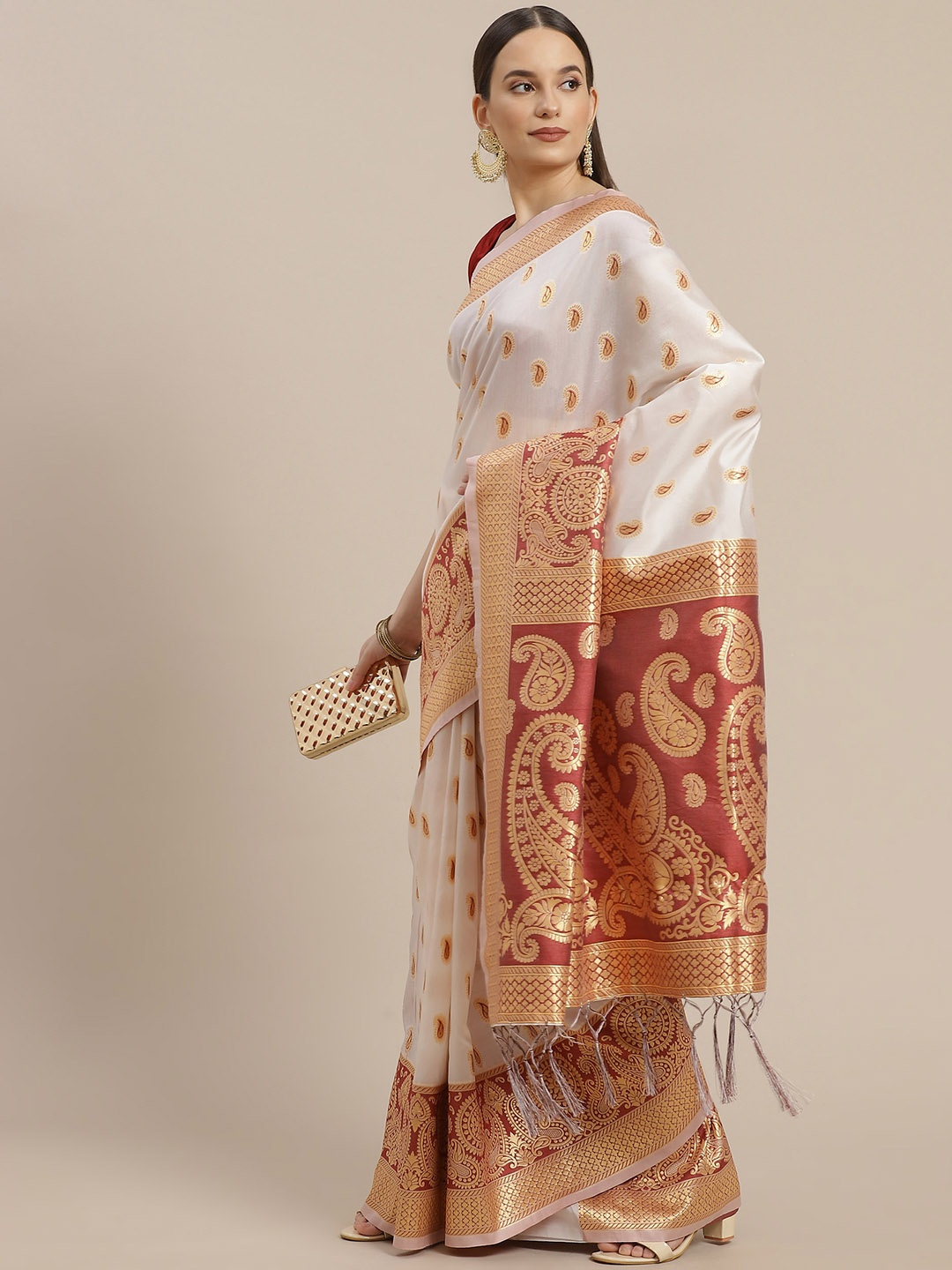 

Anouk White & Maroon Paisley Banarasi Saree