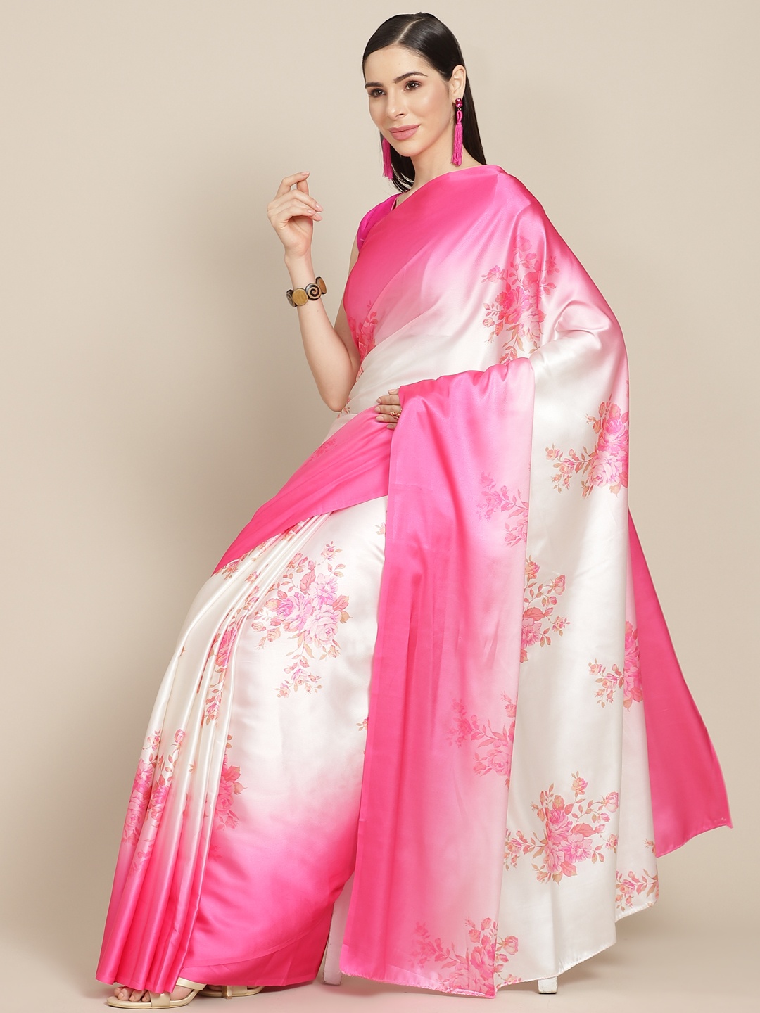 

Anouk Pink & White Floral Print Satin Finish Saree