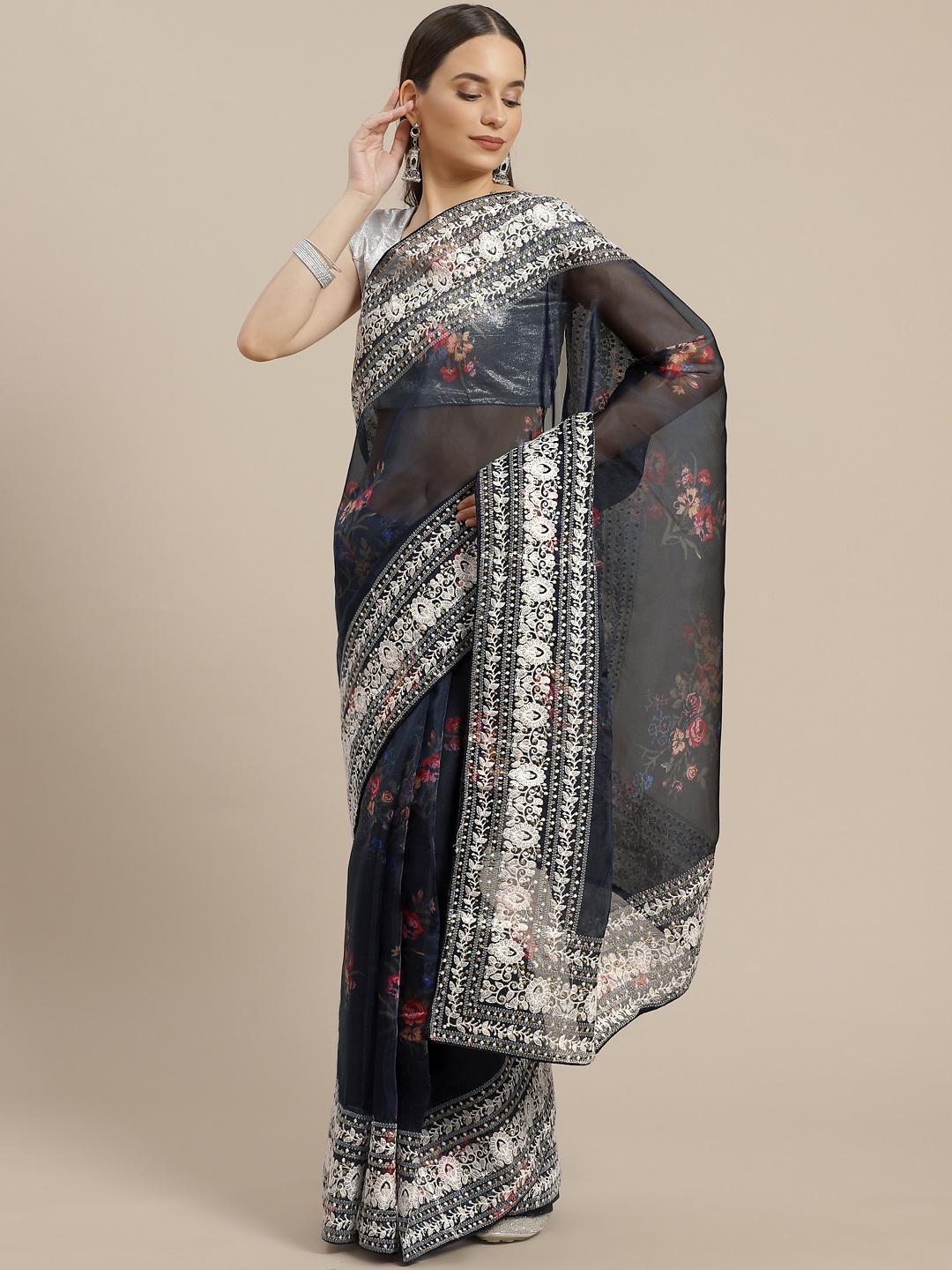 

Anouk Navy Blue & Golden Checked Organza Celebrity Saree