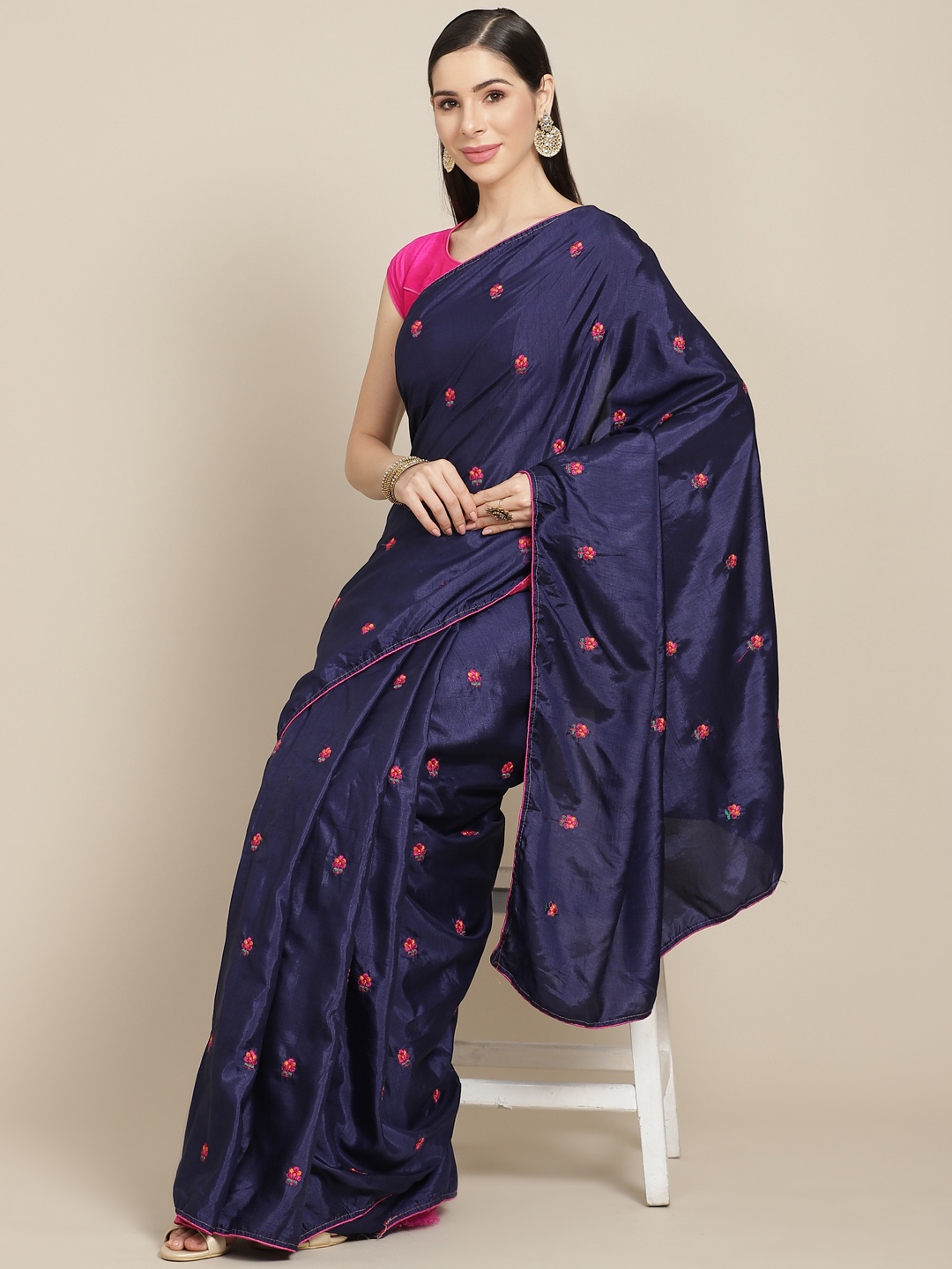 

Anouk Navy Blue & Pink Floral Celebrity Saree