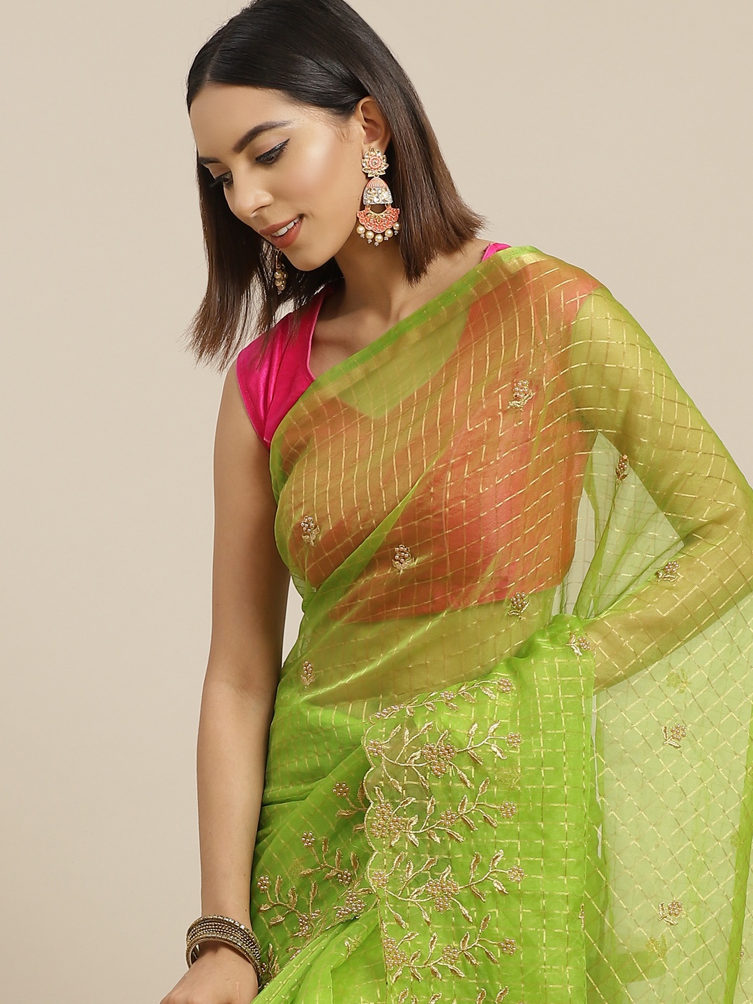 

Anouk Green & Golden Checked Embroidered Organza Saree