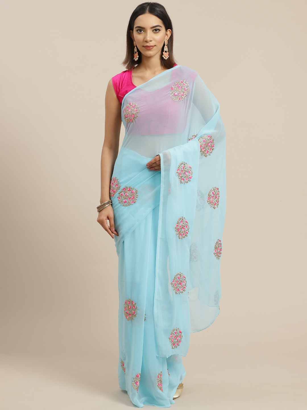 

Anouk Blue & Pink Ethnic Motifs Embroidered Saree