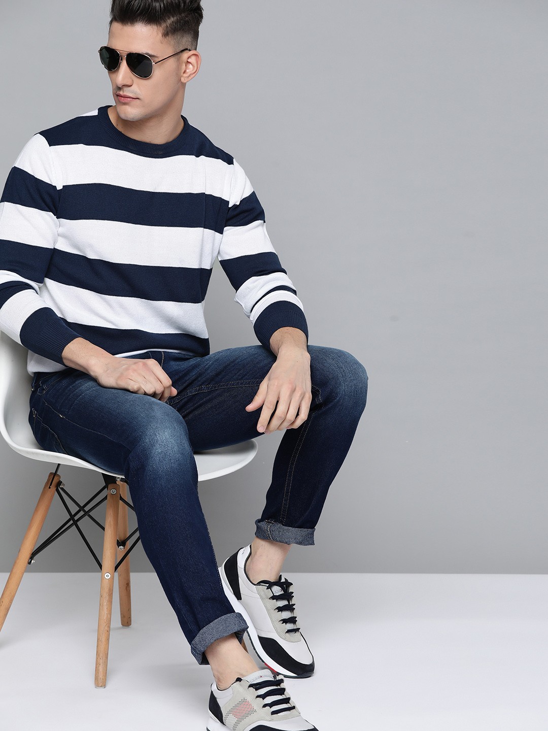 

Harvard Men Navy Blue & White Striped Acrylic Pullover Sweater