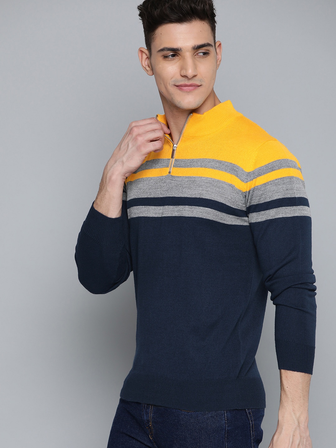 

Harvard Men Yellow & Navy Blue Striped Pullover Sweater