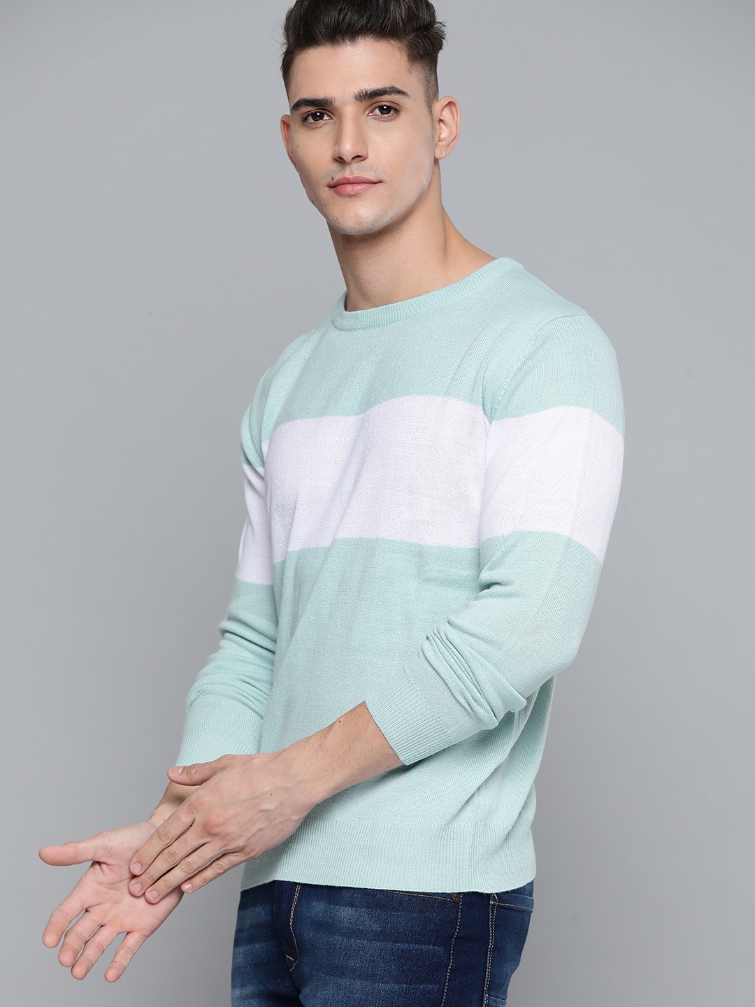 

Harvard Men Blue & White Striped Acrylic Pullover Sweater