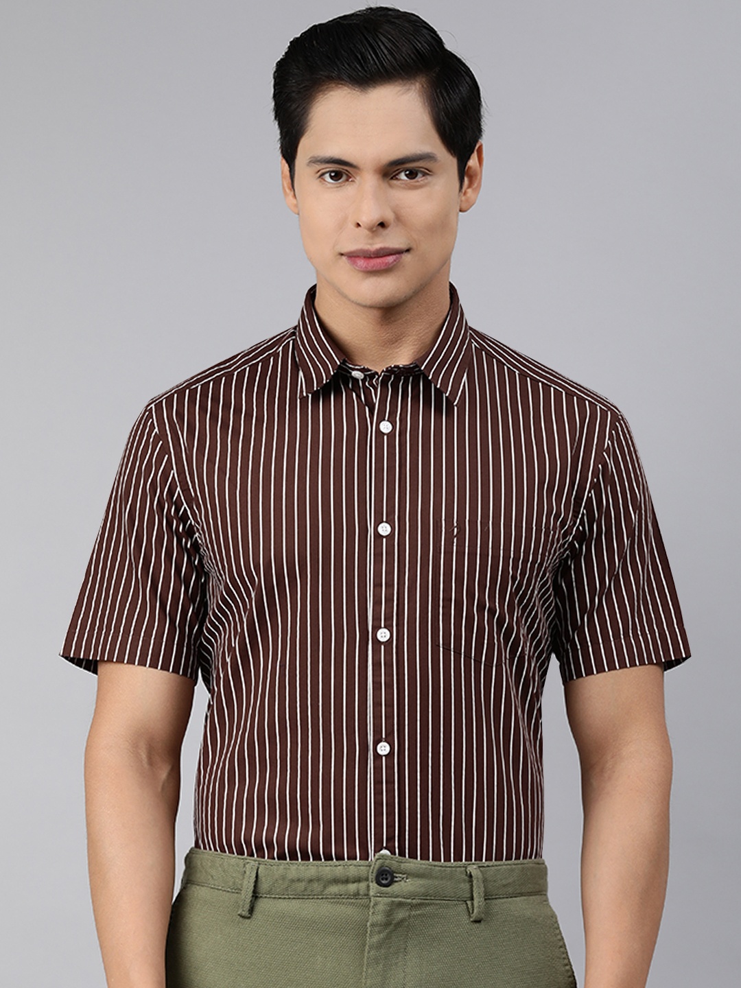 

Indian Terrain Men Brown & White Slim Fit Pure Cotton Striped Formal Shirt