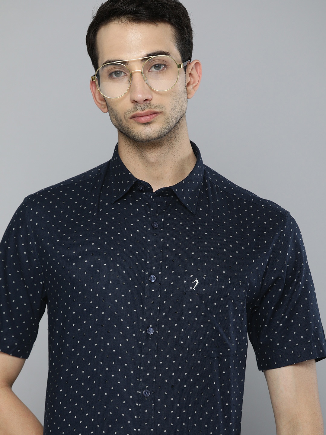 

Indian Terrain Men Navy Blue & White Slim Fit Printed Smart Casual Shirt
