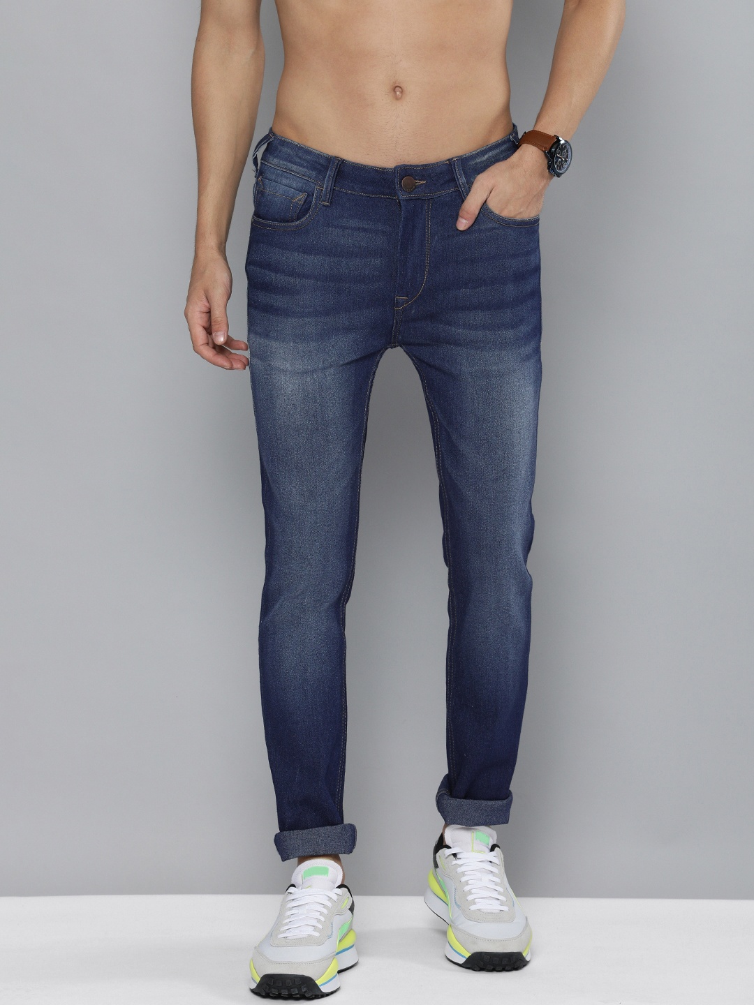 

HERE&NOW Men Navy Blue Skinny Fit Light Fade Stretchable Jeans