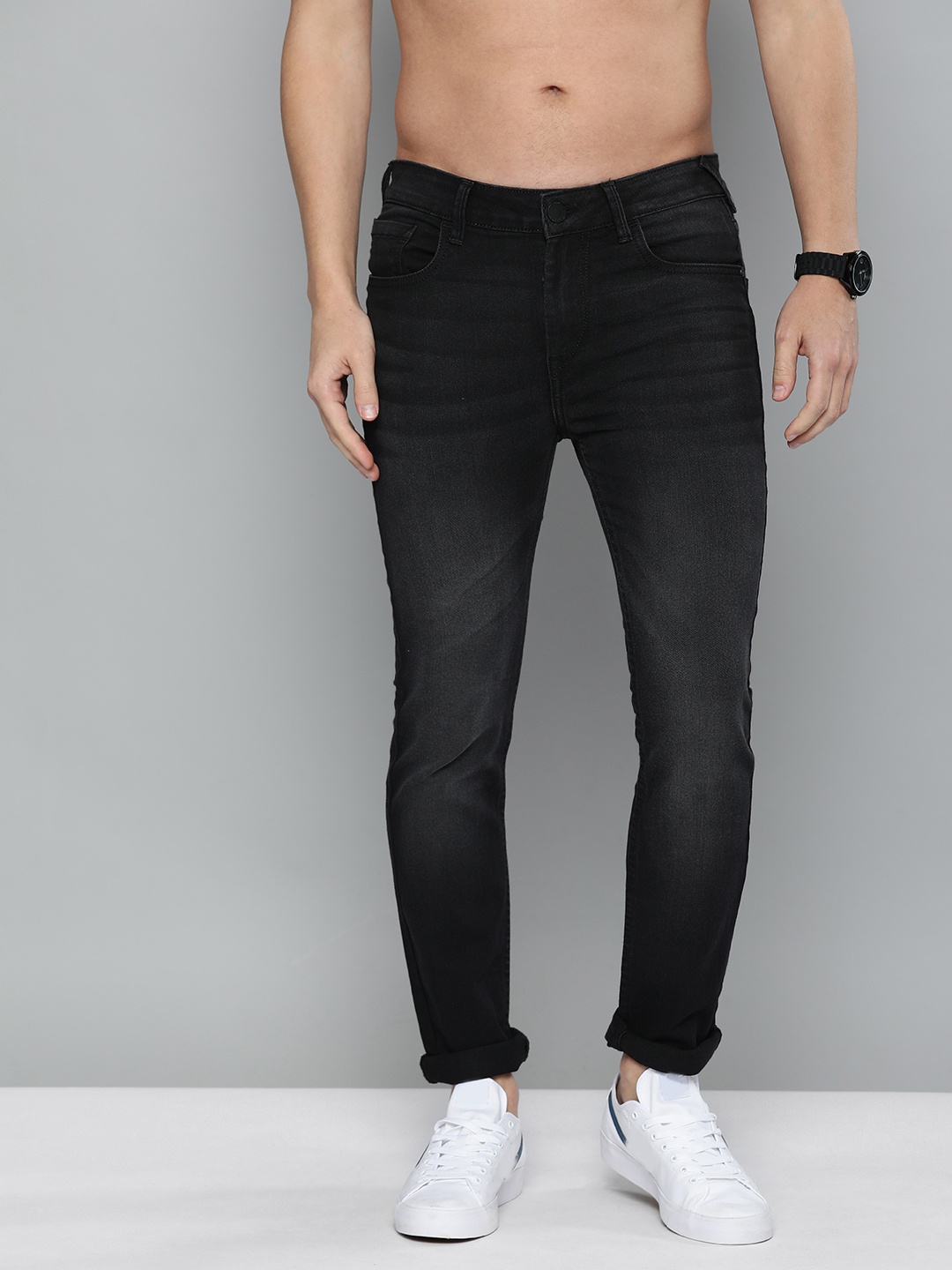 

HERE&NOW Men Black Skinny Fit Light Fade Mid-Rise Stretchable Jeans
