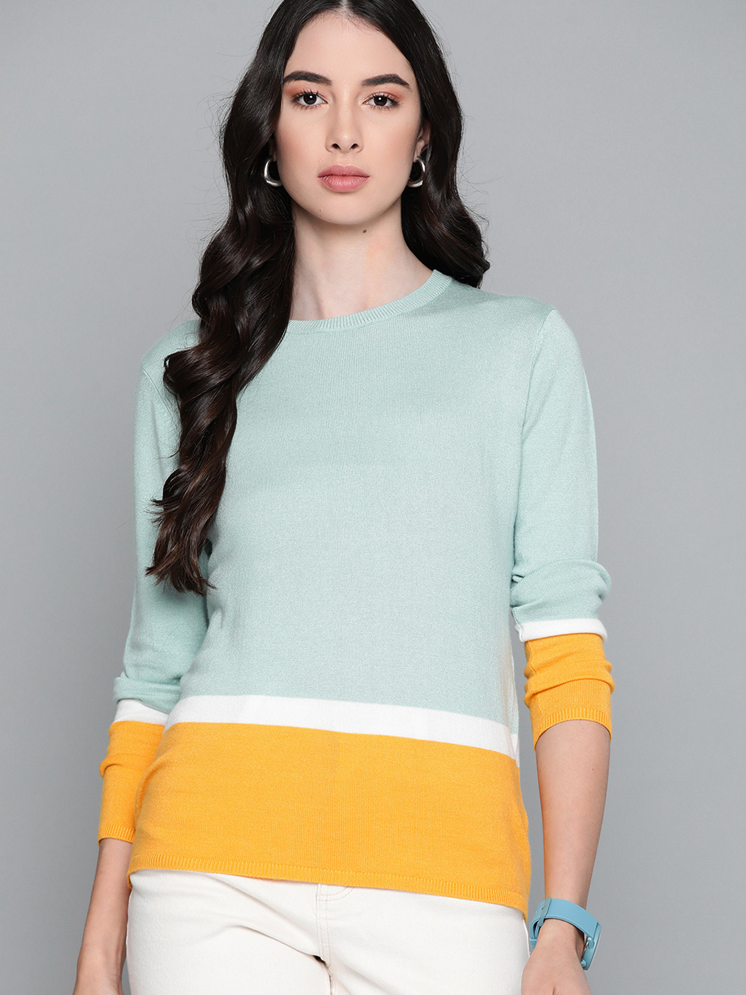 

Harvard Women Blue & Mustard Yellow Colourblocked Pullover