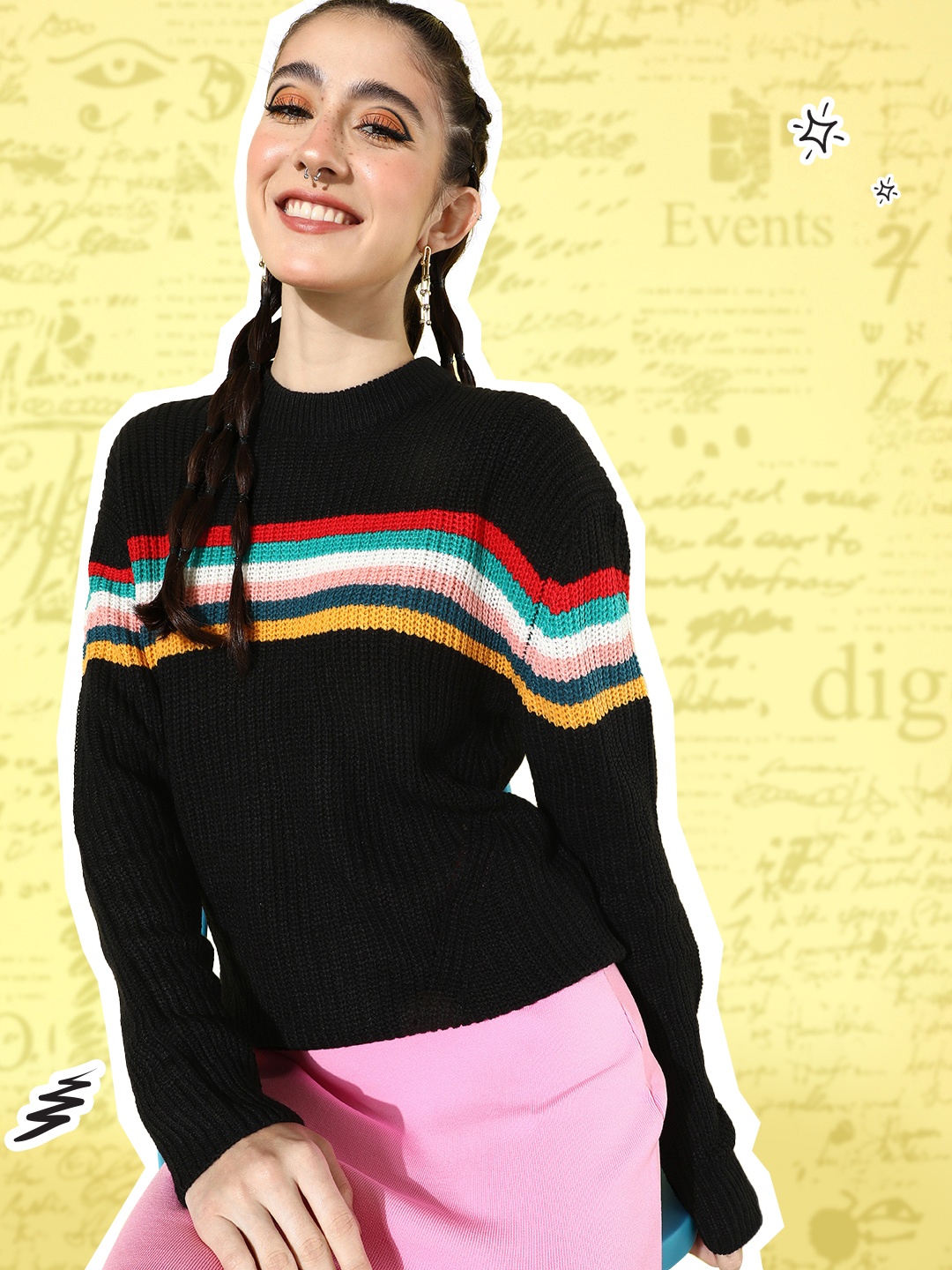 

Harvard Women Black & Yellow Striped Pullover