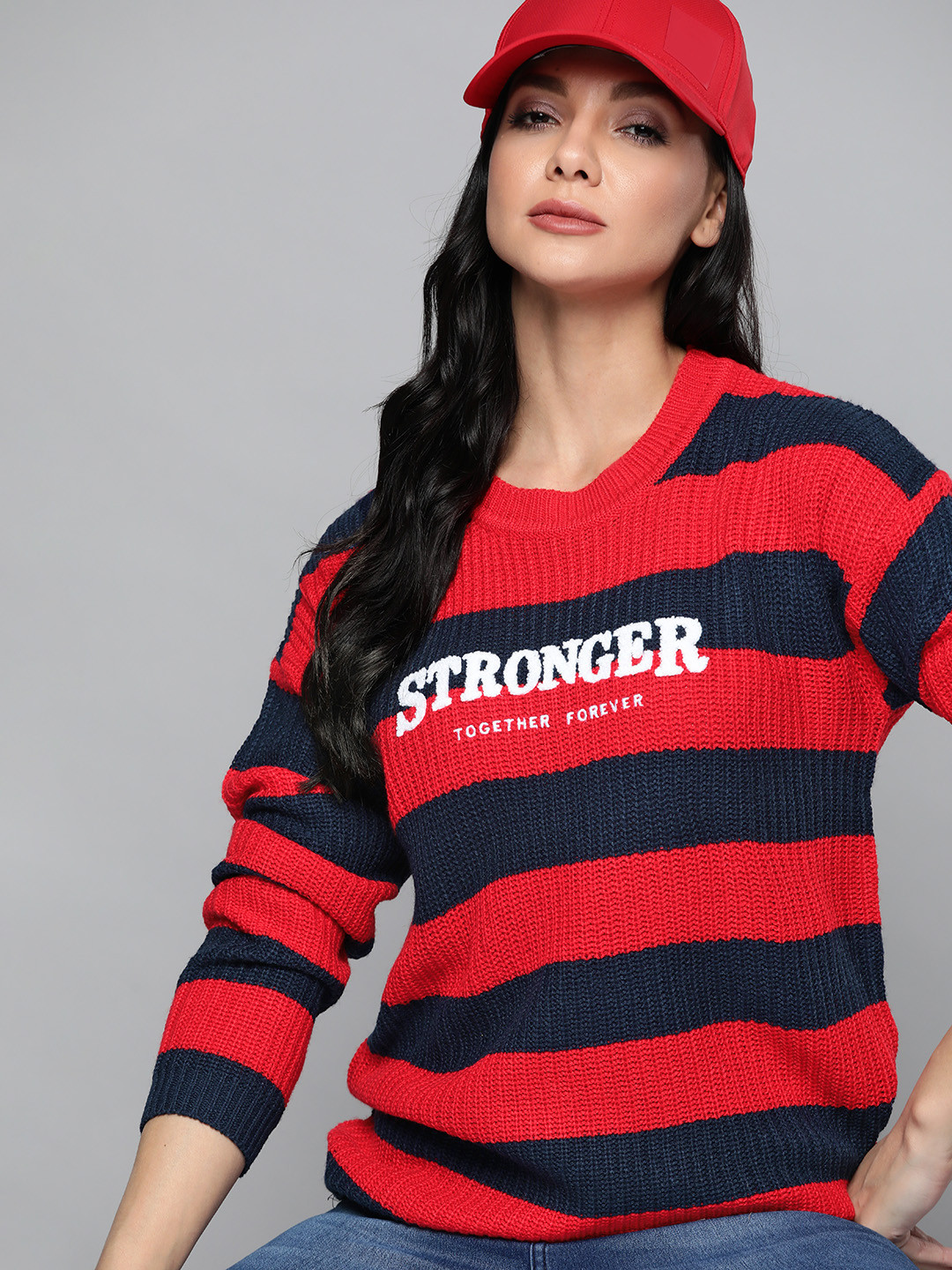 

Harvard Women Red & Navy Blue Typography Striped Pullover