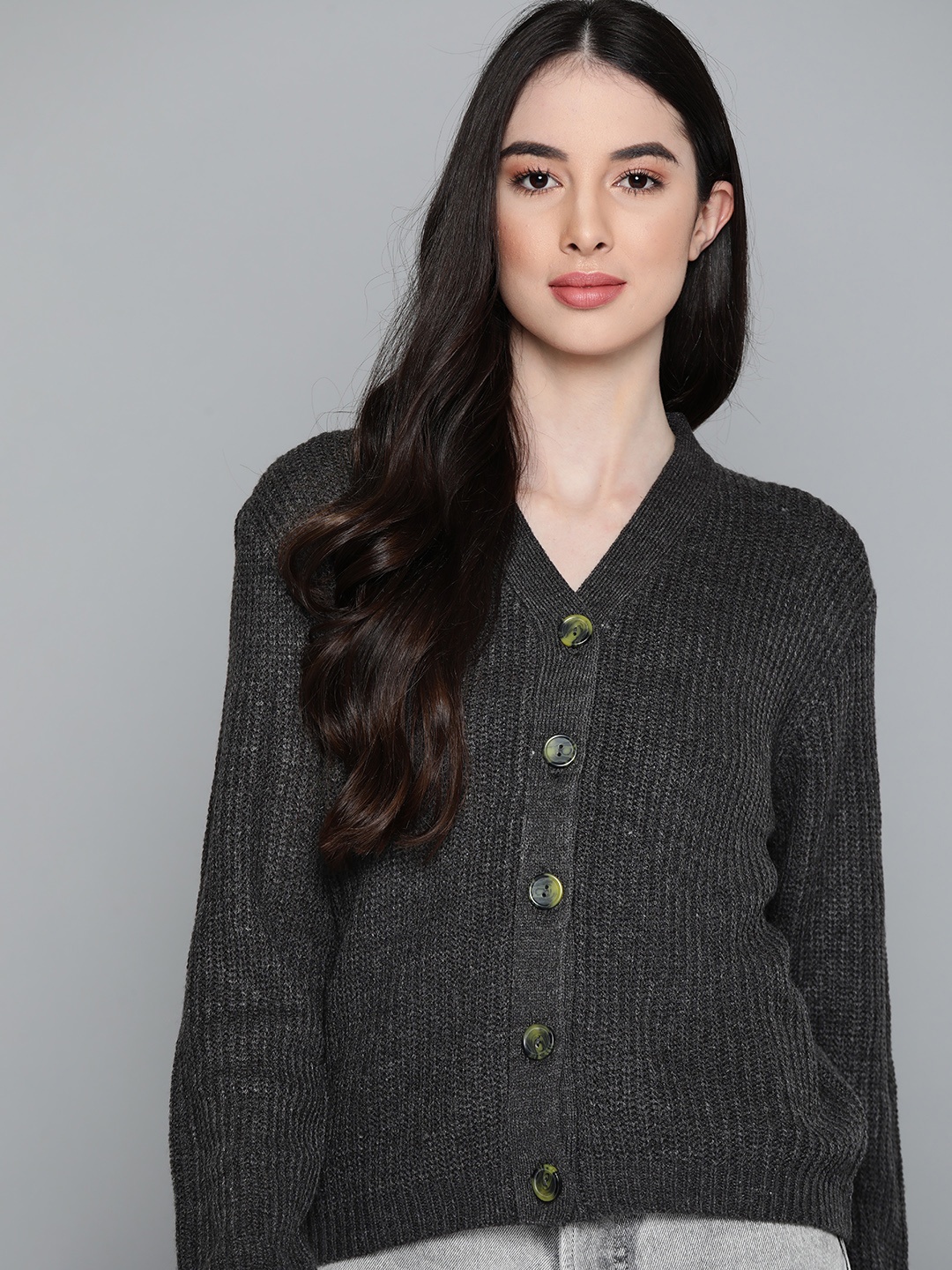 

Harvard Women Charcoal Grey Solid Cardigan