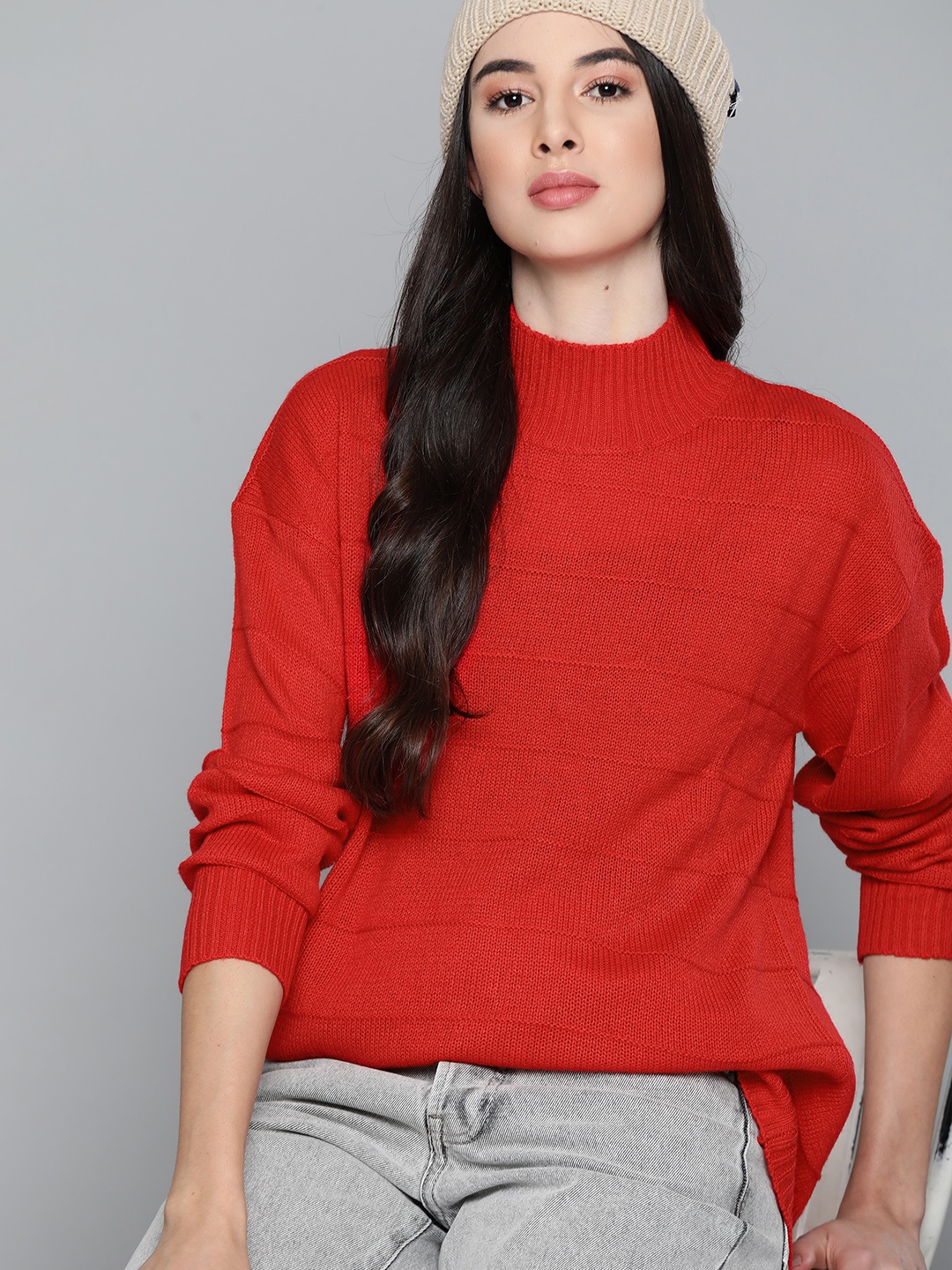 

Harvard Women Red Self-Striped Pullover