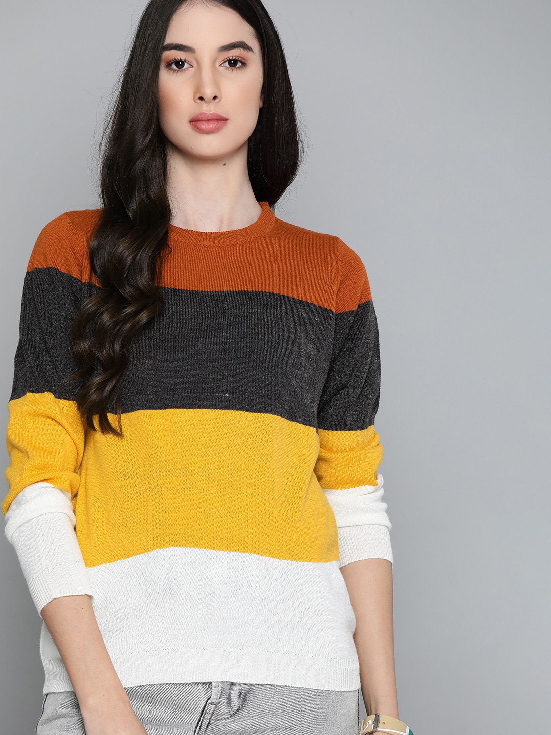 

Harvard Women Mustard Yellow & Off-White Striped Pullover