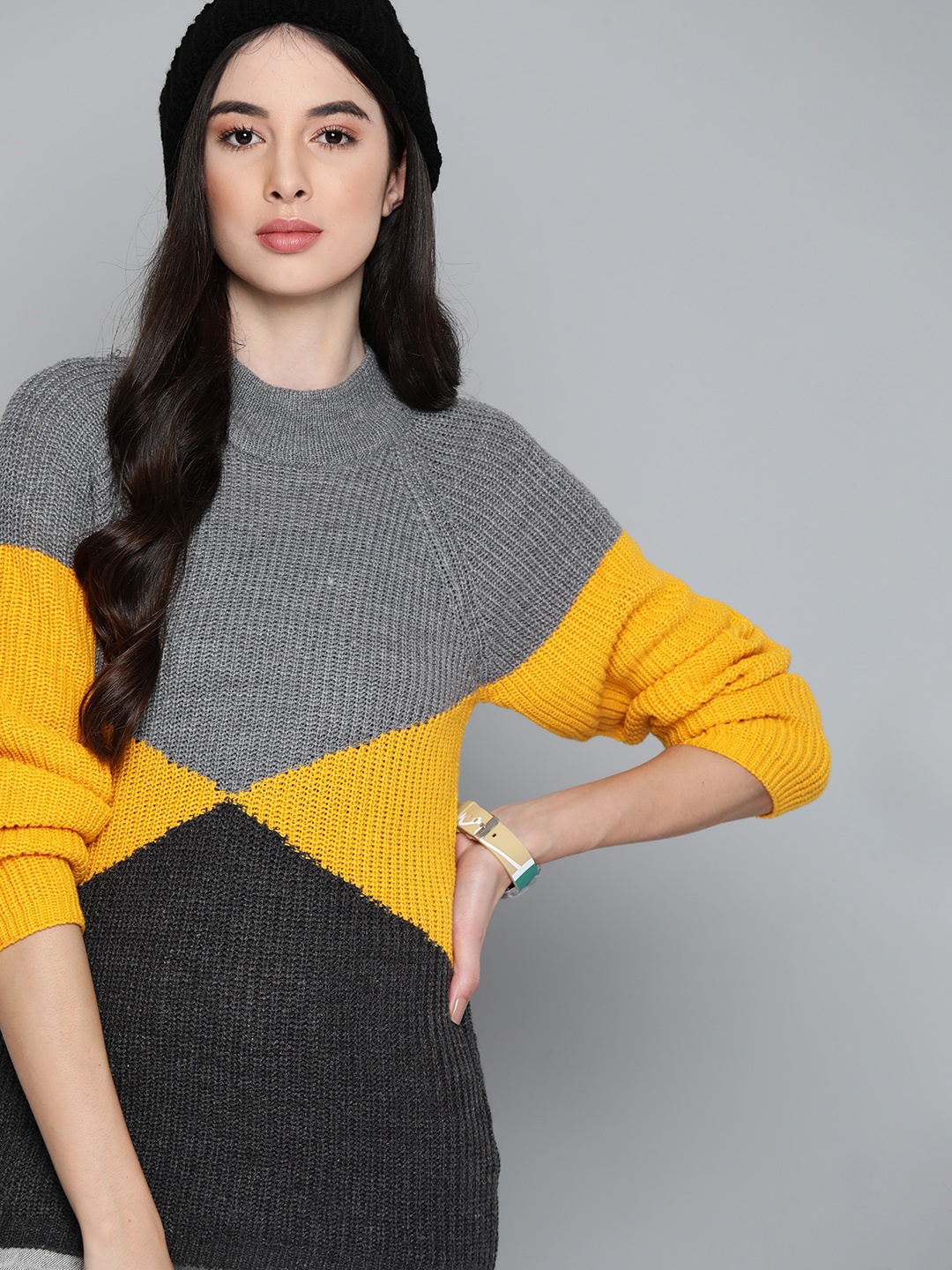 

Harvard Women Grey & Yellow Colourblocked Pullover