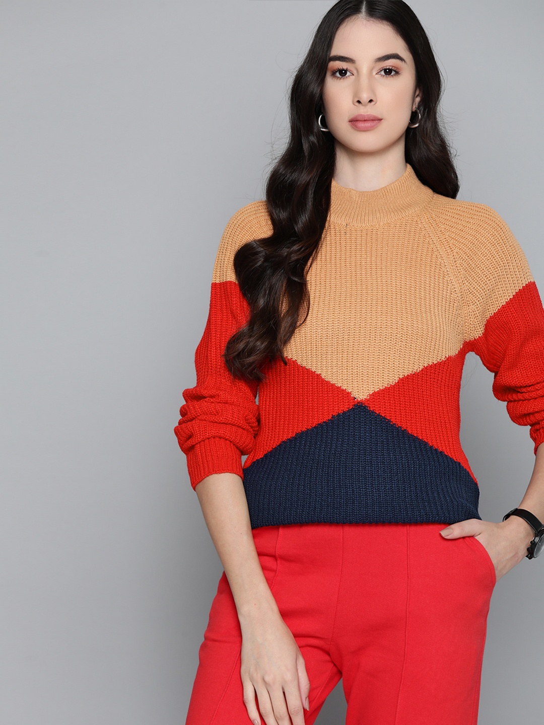 

Harvard Women Peach-Coloured & Red Colourblocked Pullover