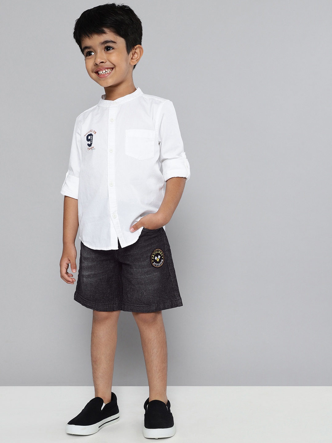 

HERE&NOW Boys Black Typography Embroidered Slim Fit Denim Shorts