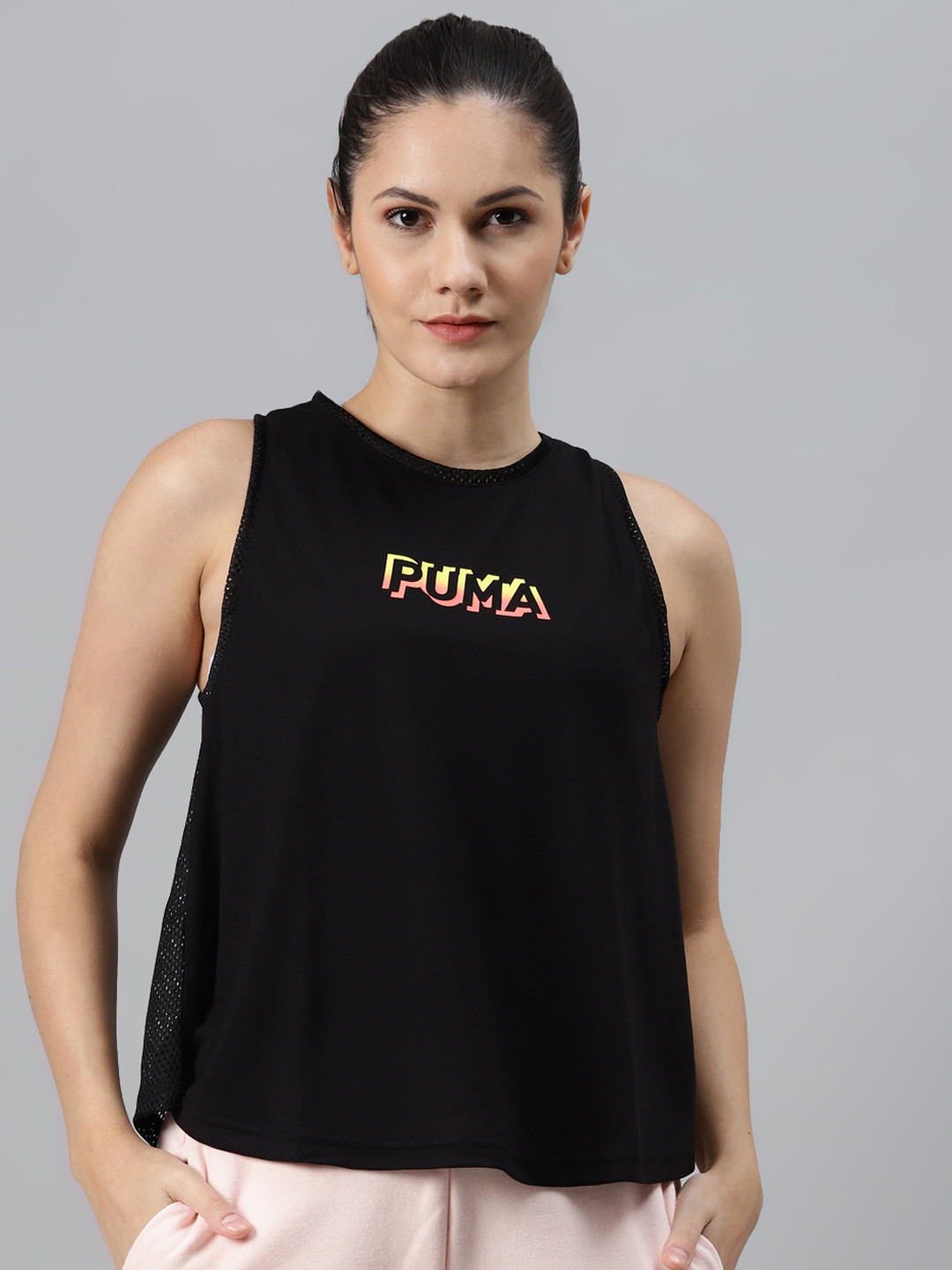 

Puma Women Black Modern Sports Brand Logo Printed Tank T-shirt
