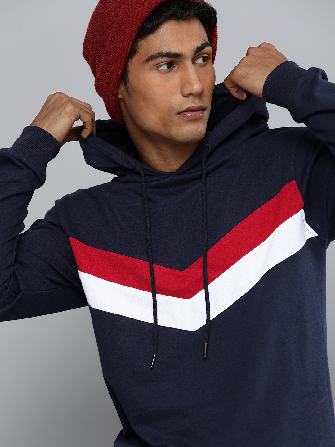 

Harvard Men Navy Blue & Red Striped Hooded Sweatshirt