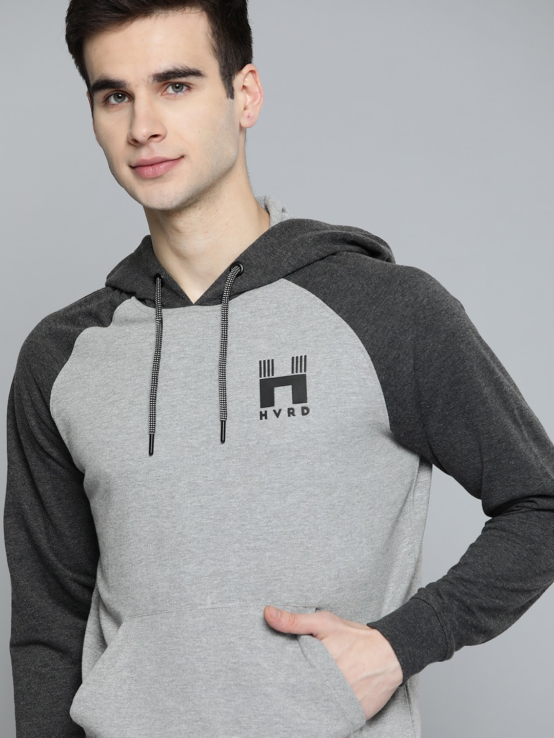 

Harvard Men Grey Melange Hooded Pullover Sweatshirt