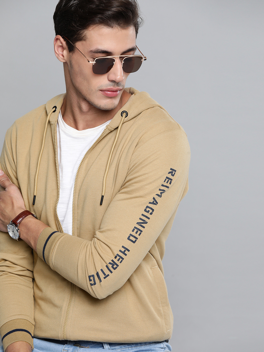 

Harvard Men Beige Solid Hooded Sweatshirt