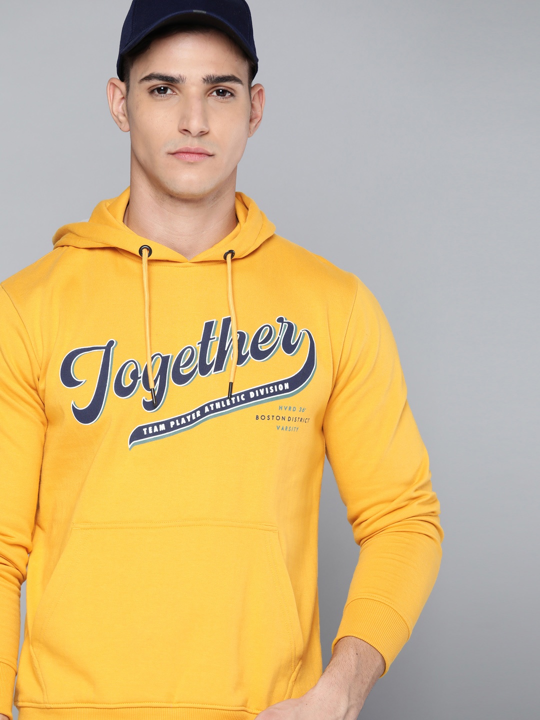 

Harvard Men Mustard Yellow & Navy Blue Printed Hooded Sweatshirt