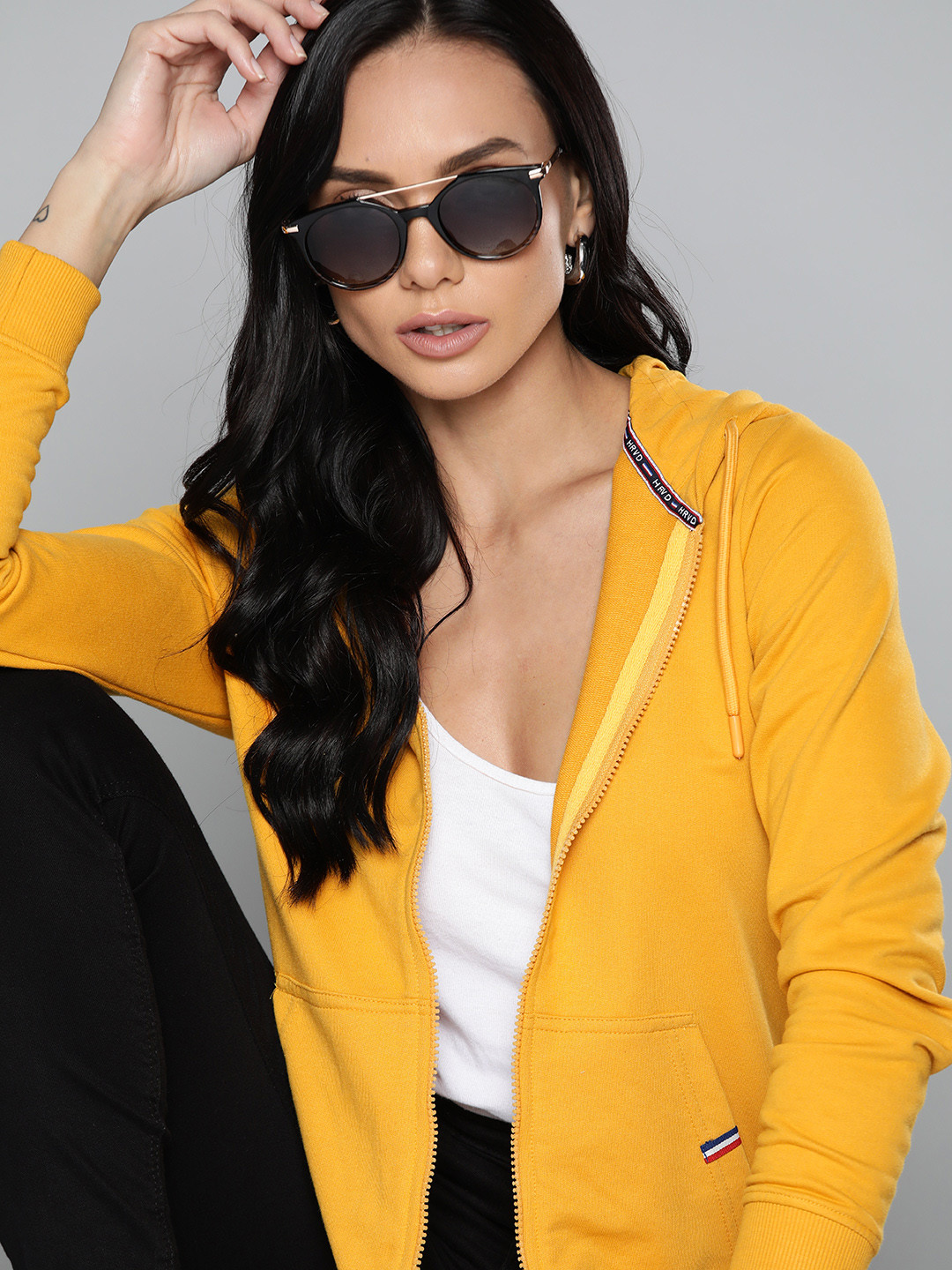 

Harvard Women Mustard Yellow Solid Hooded Sweatshirt