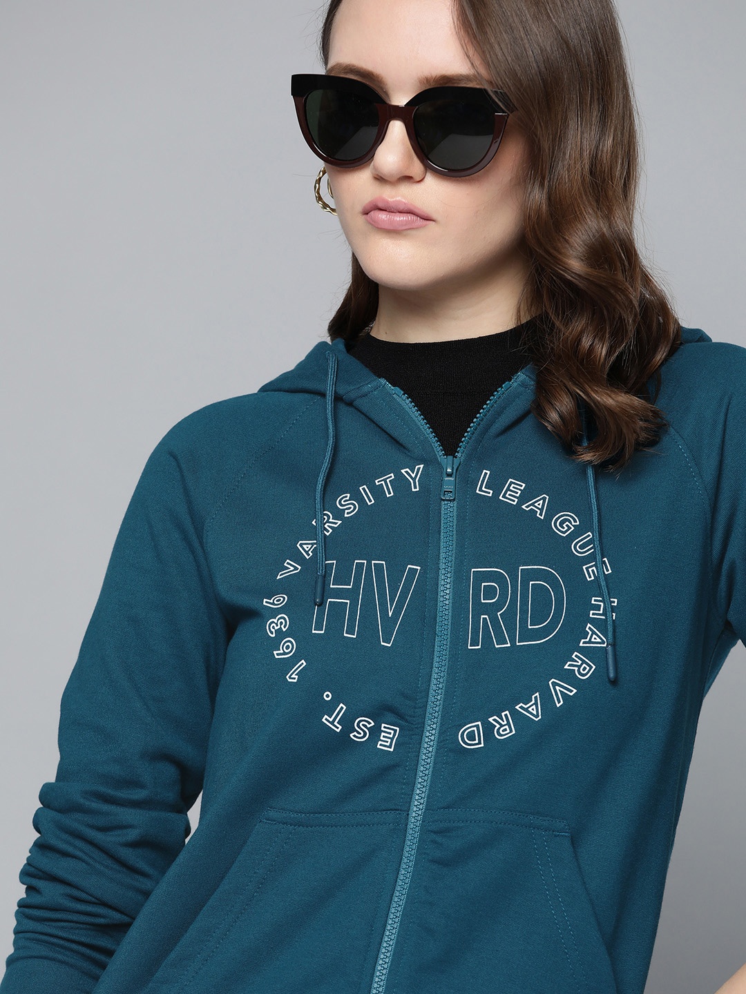 

Harvard Women Teal Blue & White Printed Hooded Sweatshirt