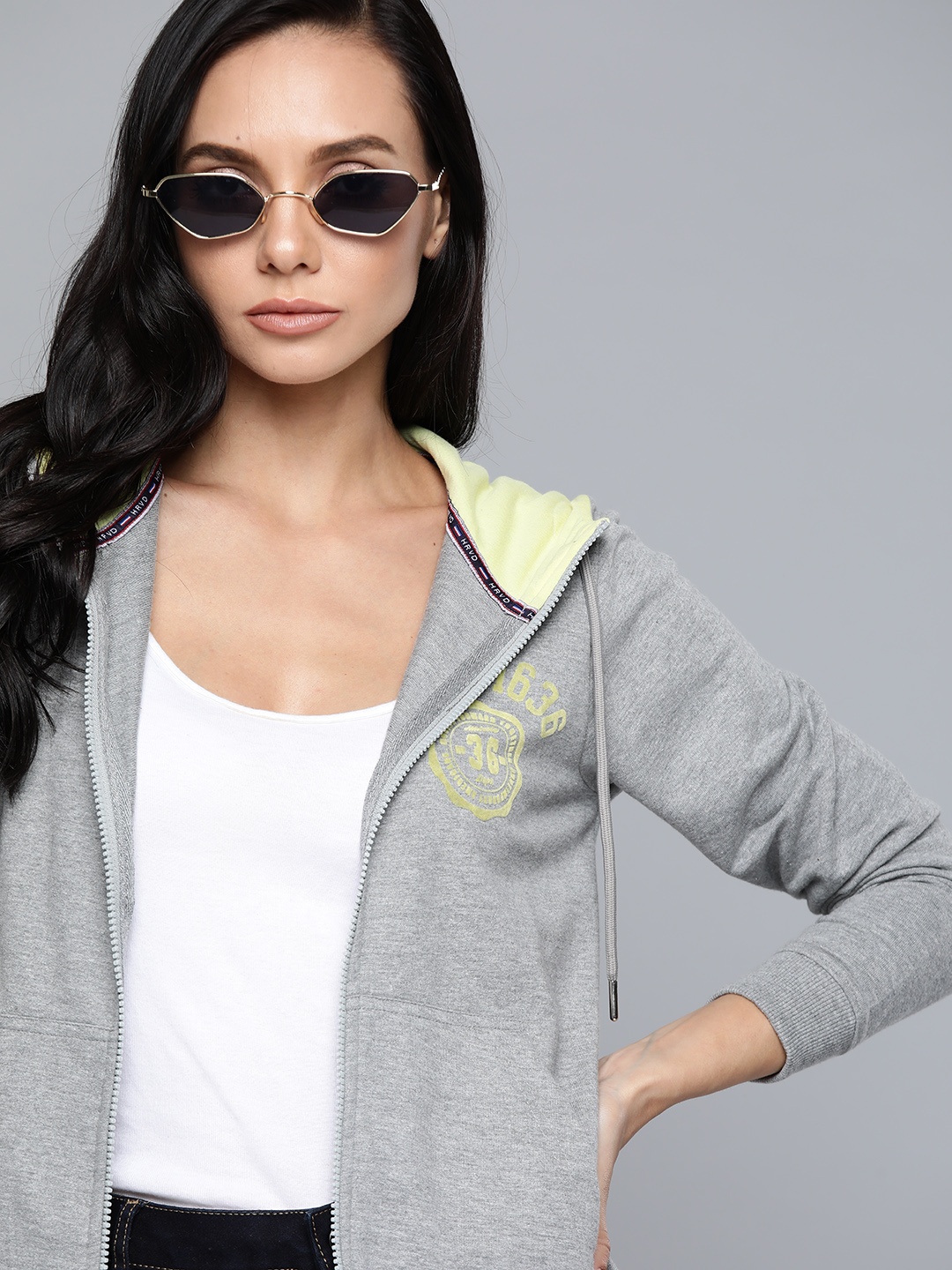 

Harvard Women Grey Melange Solid Hooded Sweatshirt