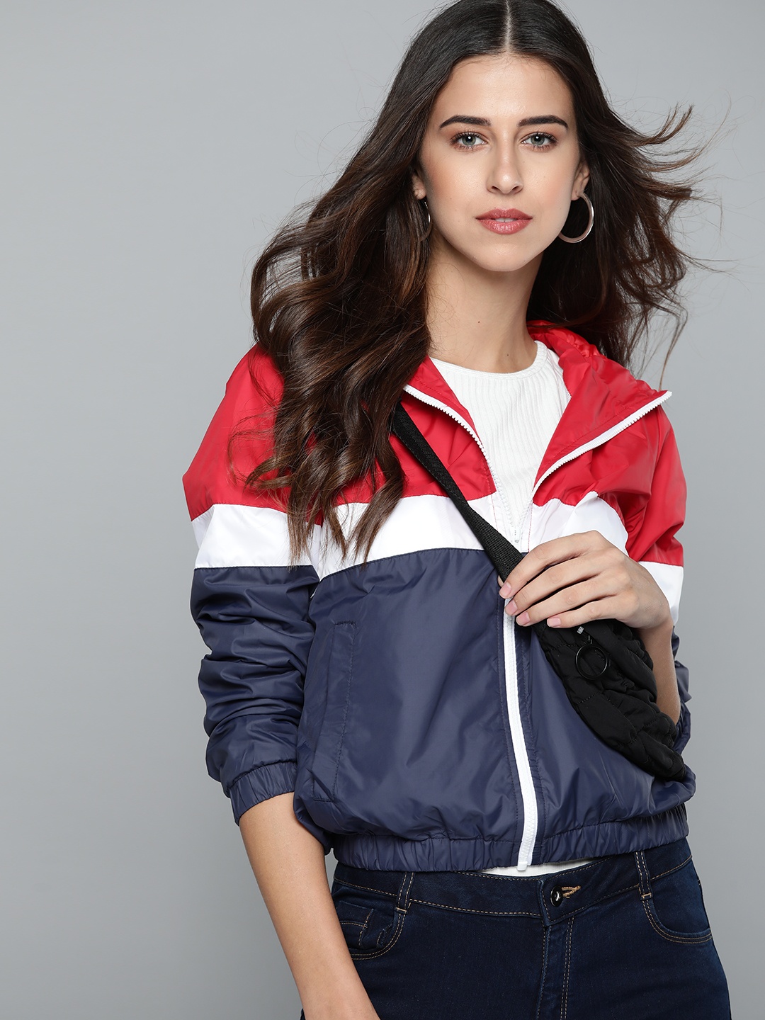 

Harvard Women Navy Blue & Red Colourblocked Tailored Jacket