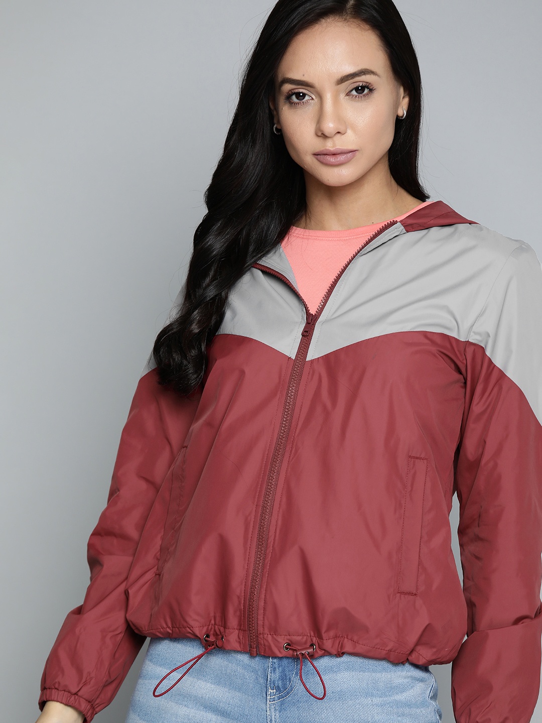 

Harvard Women Maroon & Grey Colourblocked Hooded Jacket
