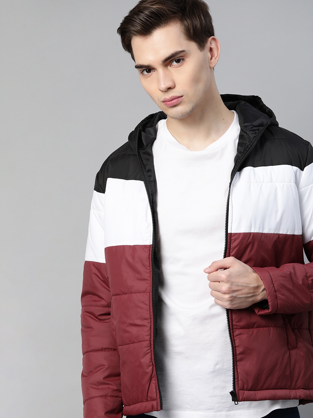 

Harvard Men Maroon White & Black Colourblocked Padded Jacket