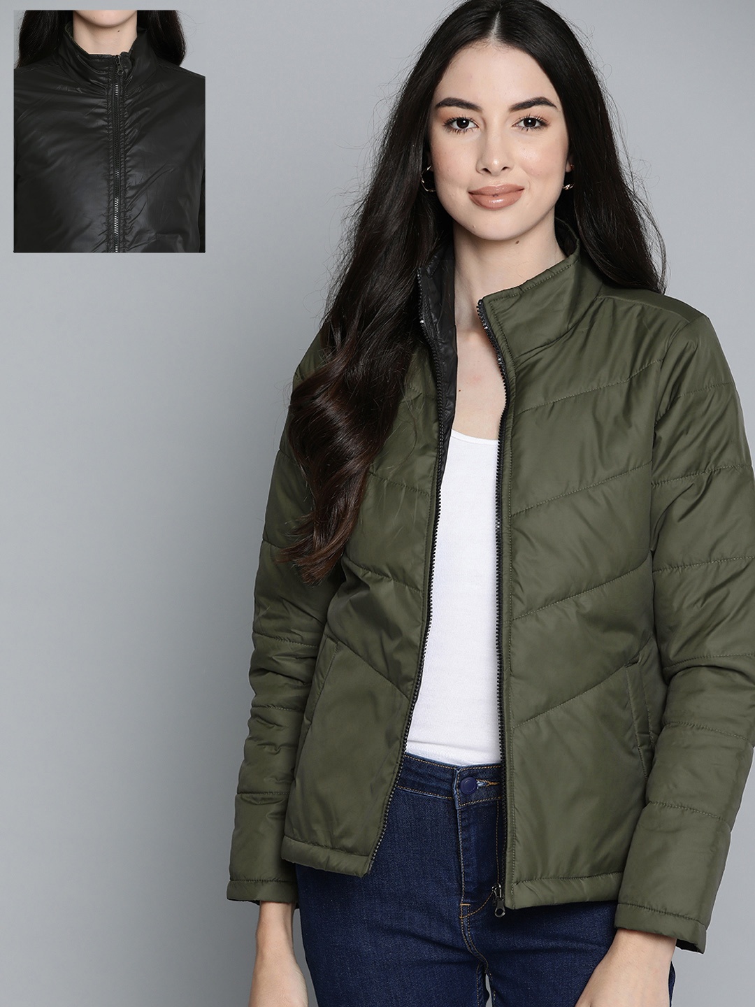

Harvard Women Olive Green & Black Solid Reversible Padded Jacket