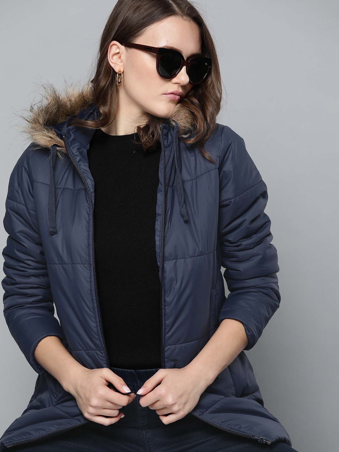 

Harvard Women Navy Blue Solid Hip-Length Parka Jacket