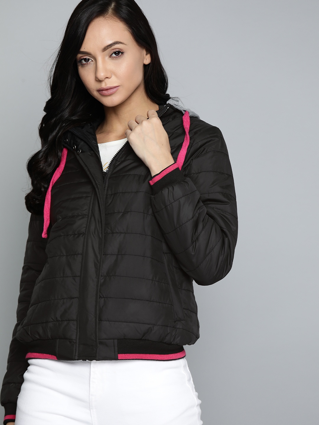 

Harvard Women Black Solid Hooded Bomber Jacket