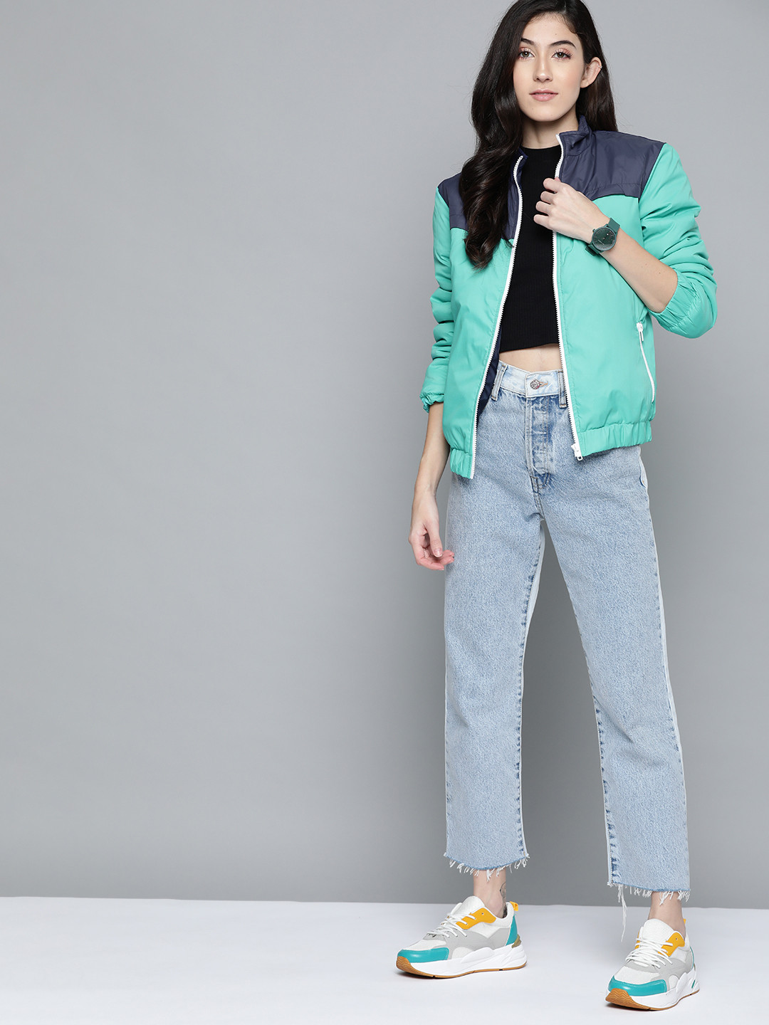 

Harvard Women Sea Green& Navy Colourblocked Padded Jacket
