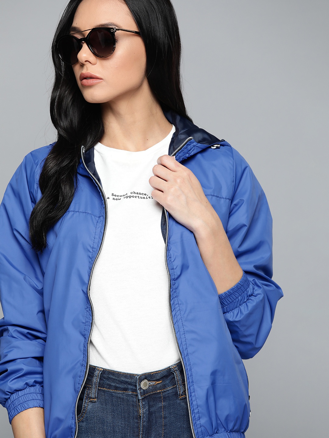 

Harvard Women Blue Solid Hooded Bomber Jacket