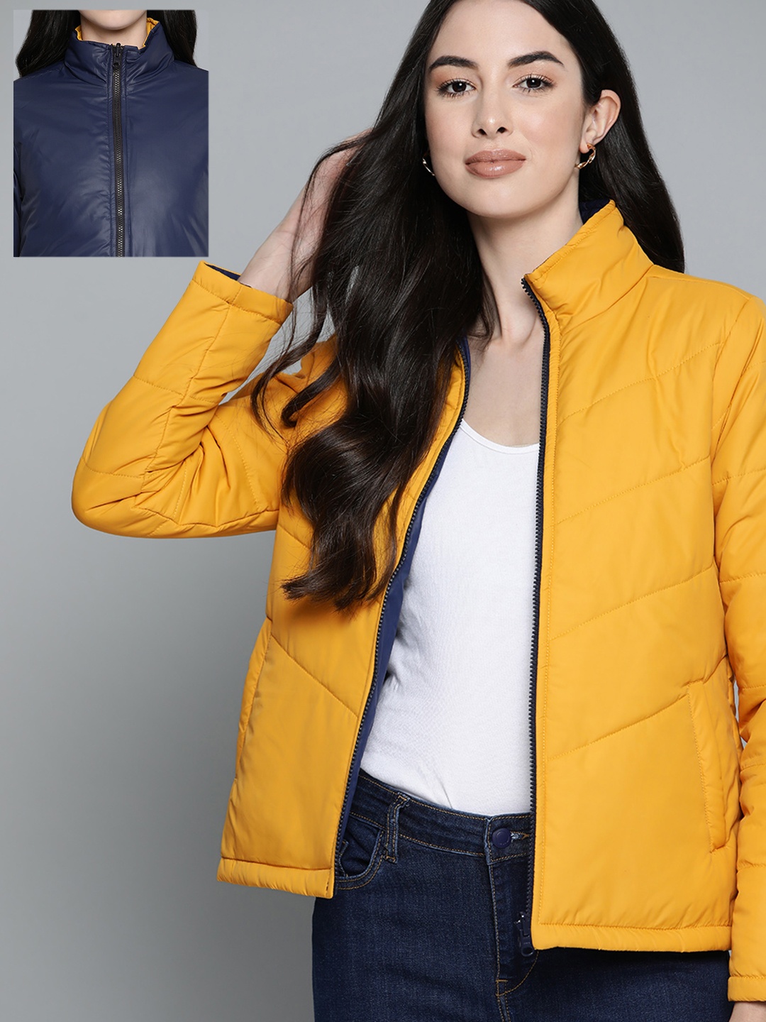

Harvard Women Navy & Mustard Solid Reversible Padded Jacket, Navy blue
