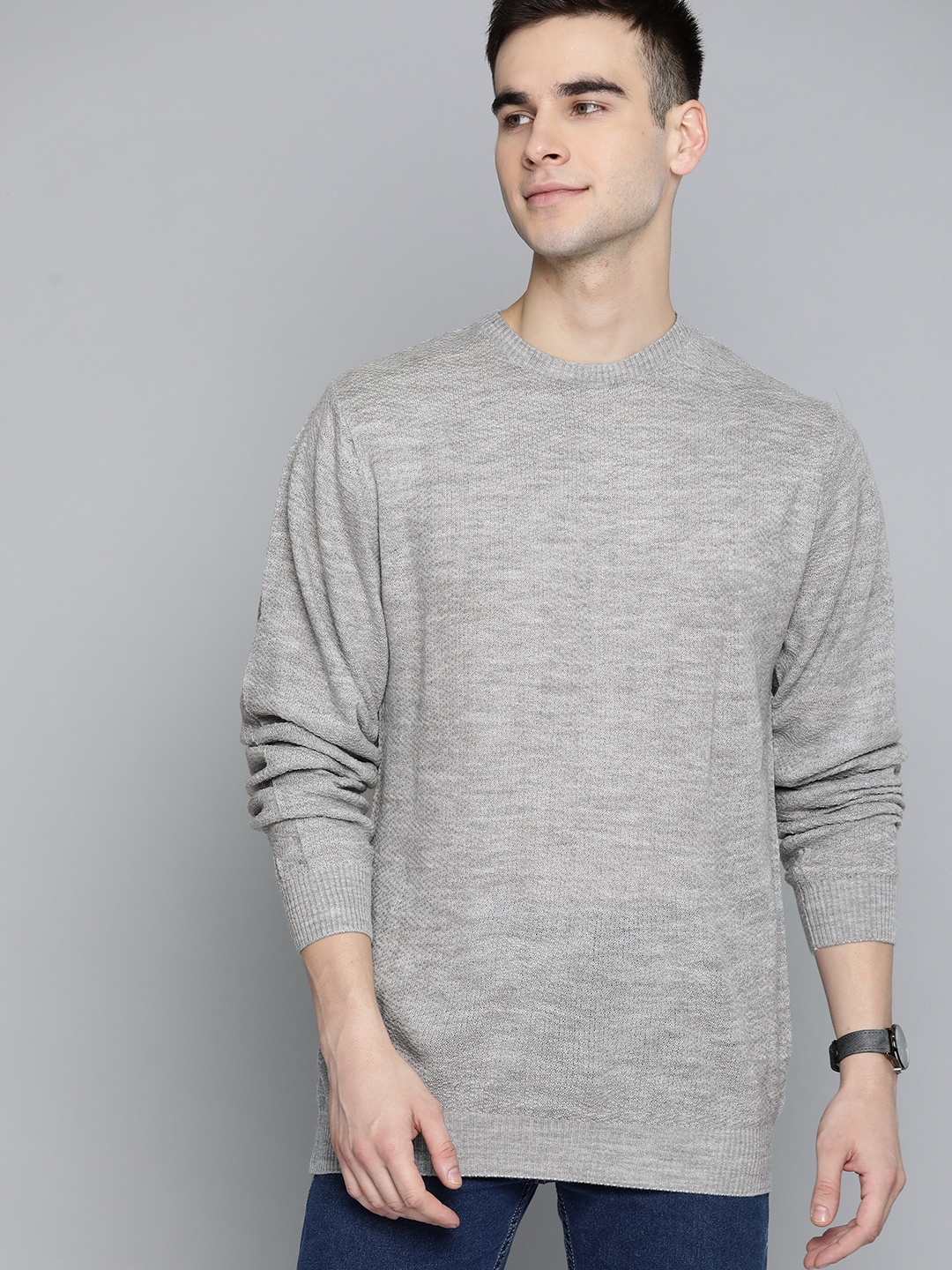 

Harvard Men Grey Melange Acrylic Chevron Pattern Pullover