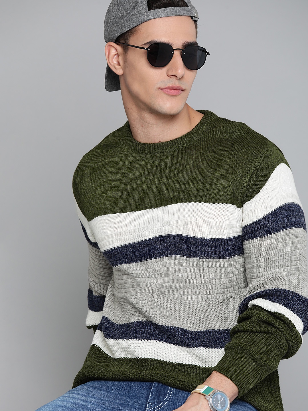

Harvard Men Olive Green & Blue Striped Pullover Sweater