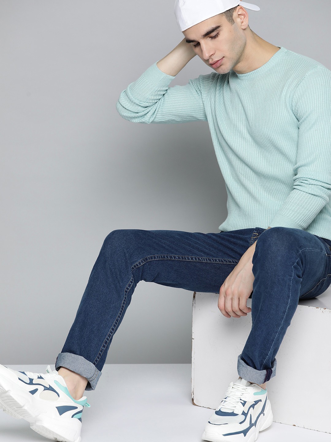 

Harvard Men Blue Ribbed Acrylic Pullover