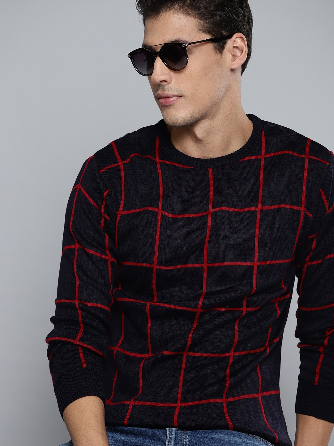 

Harvard Men Navy Blue & Red Checked Pullover