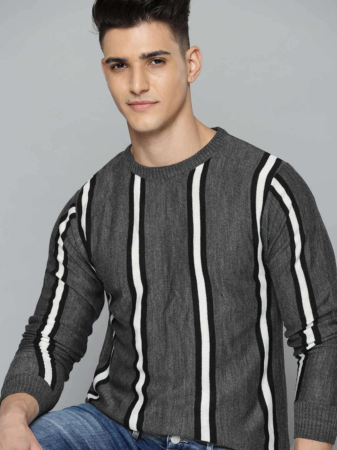 

Harvard Men Charcoal Grey & White Striped Pullover