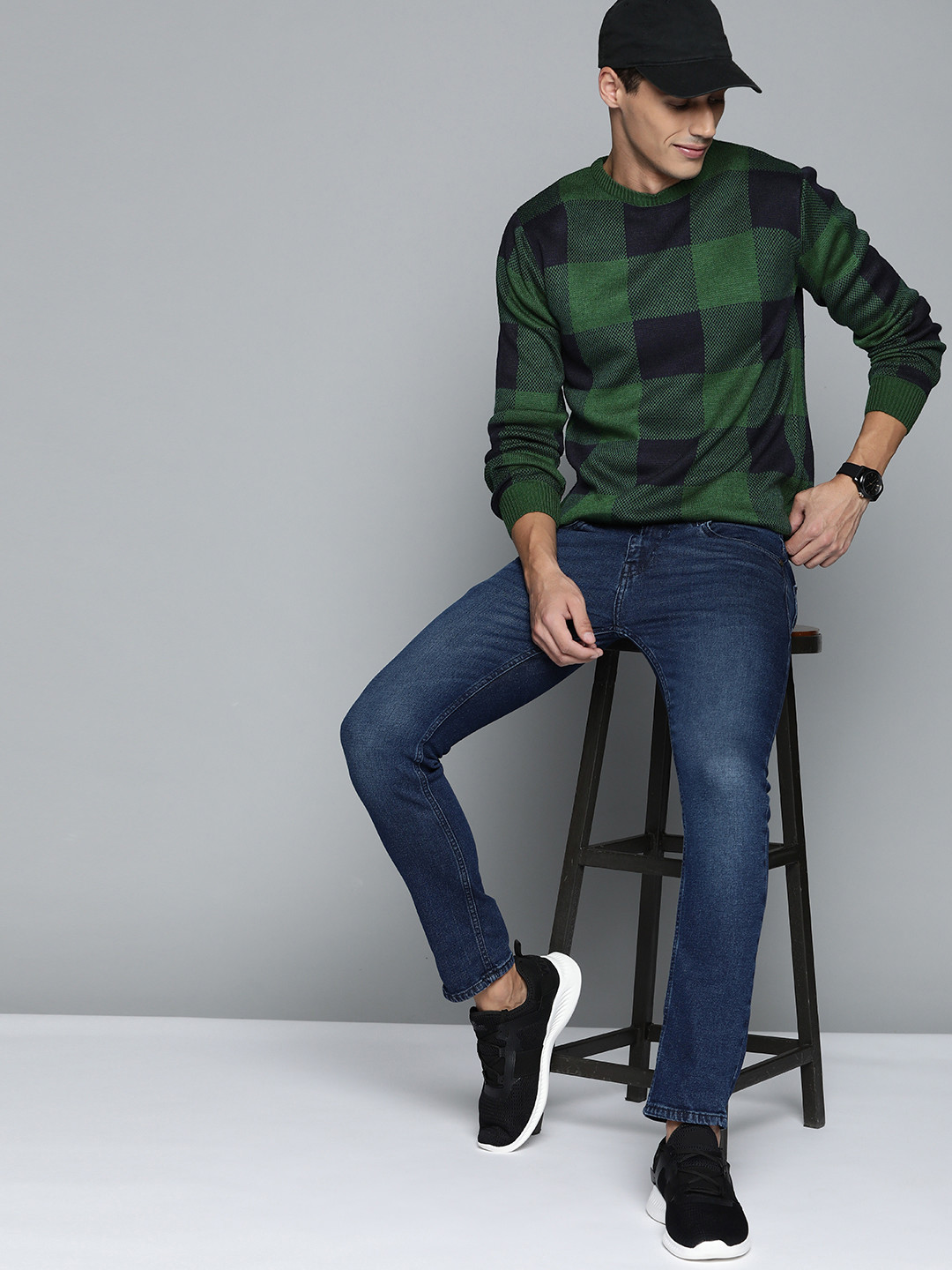 

Harvard Men Green & Navy Blue Checked Pullover