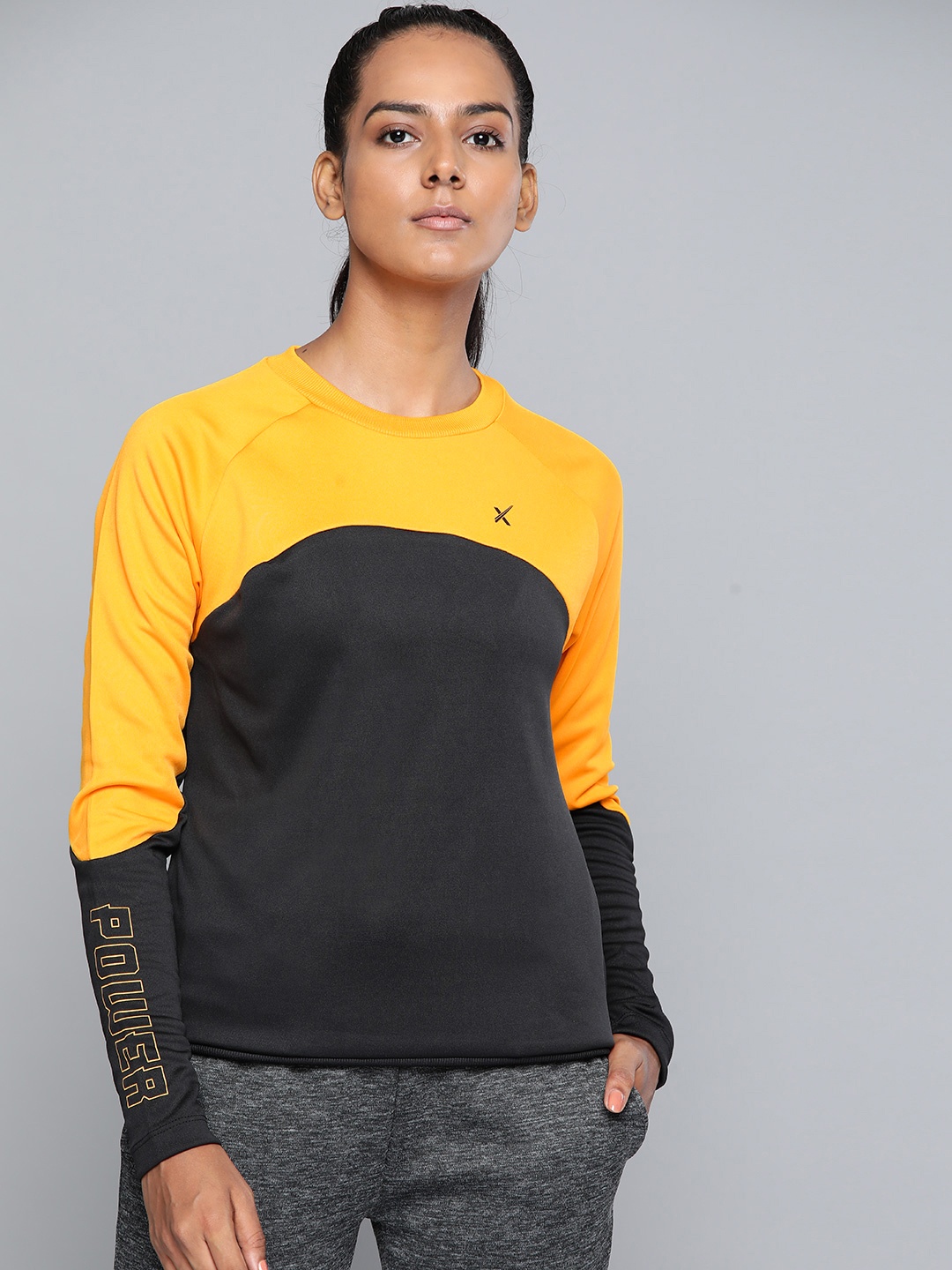 

HRX By Hrithik Roshan Lifestyle Women Electric Kumquat Rapid-Dry Colourblock Sweatshirts, Mustard